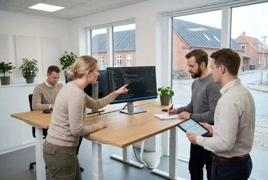 Moderne dansk webbureau i otterup med team ved computer og digitale dashboards