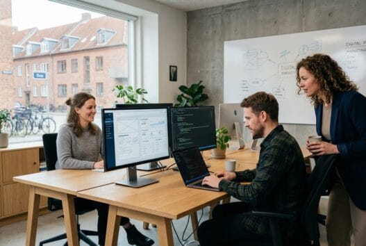 Moderne webbureau i Oue med skandinavisk team foran computerskærme og digitale dashboards