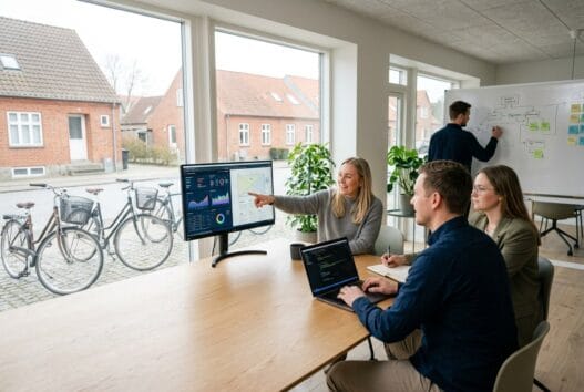 Moderne webbureau i Oure med skandinavisk team, der arbejder ved computere og analyserer digitale resultater