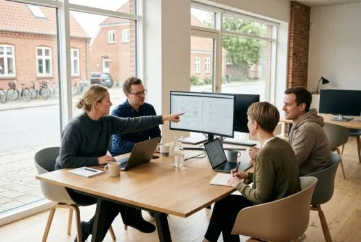Webbureau i Outrup med dansk team foran skærme og dashboards i et moderne kontor