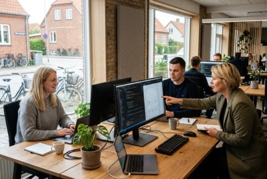 Webbureau i Over Dråby Strand med team ved computere og digitale dashboards i et lyst kontor