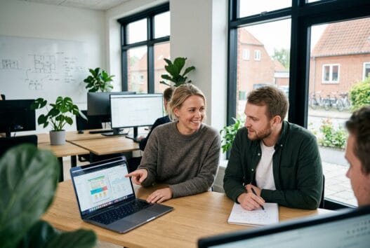 Team arbejder ved computer i moderne kontor med digitale ydelser for et webbureau i Over Hornbæk