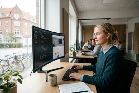 Dansk webbureau i Overby med team ved computer og dashboards i moderne kontormiljø