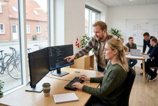 Moderne kontor med dansk team omkring digitale skærme i Padborg