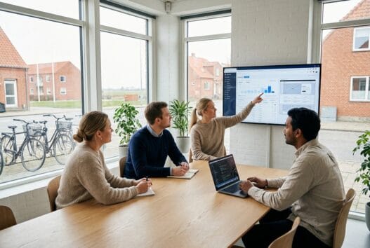 Moderne webbureau i Pandrup med dansk team foran computerskærme og digitale dashboards