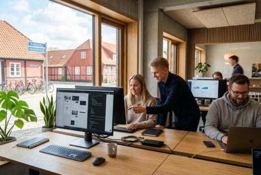 Skandinavisk webteam arbejder ved computer med digitale dashboards på kontor i pedersker