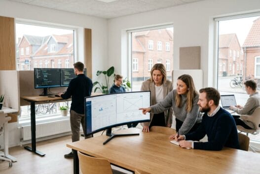 Moderne webbureau i Pederstrup med dansk team foran skærme og digitale dashboards