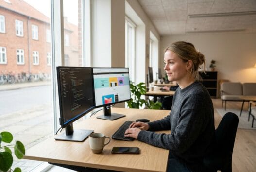 Skandinavisk webbureau i Pindstrup med team ved computere og digitale dashboards