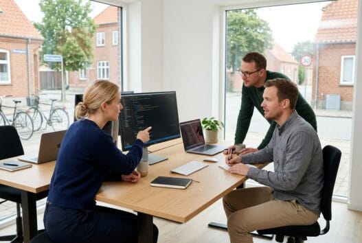Moderne kontor med dansk webbureau i Poulstrup, hvor et team arbejder med design og digitale løsninger