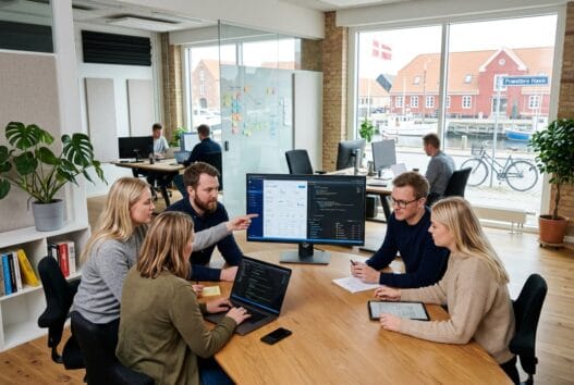 Moderne webbureau i Præstbro med team, der arbejder ved computere om digital udvikling og SEO