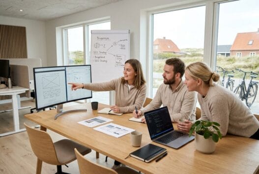 Moderne webbureau i Rågeleje med dansk team ved computer og digitale dashboards