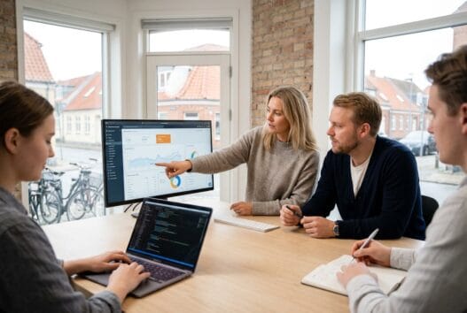 Moderne webbureau i Rårup med danske medarbejdere, der arbejder ved computer og analyserer digitale data