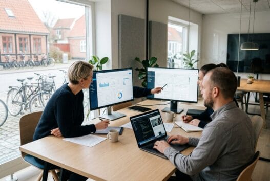 Moderne webbureau i råsted med dansk team ved computer og digitale dashboards