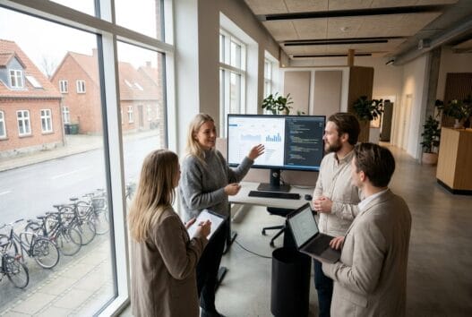 Skandinavisk team arbejder med webdesign og digital markedsføring på kontor i Radsted