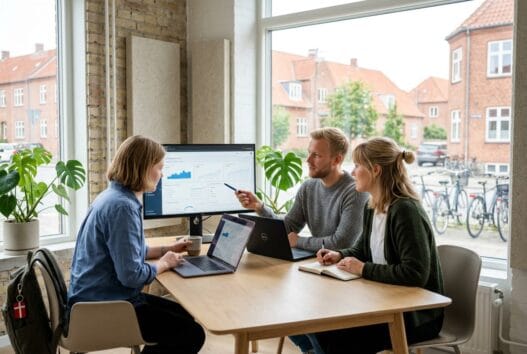 Moderne webbureau i ræhr med skandinavisk team ved computer og digitale dashboards