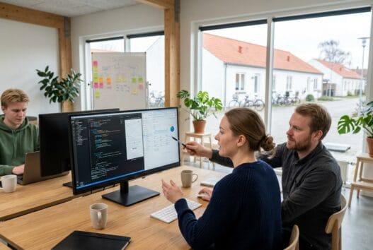 Dansk webbureau i Rækker Mølle med team ved computer og digitale dashboards