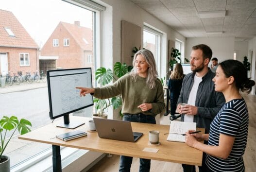 Dansk team arbejder med webdesign, data og SEO i et moderne kontor i Ramløse