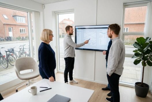 Moderne webbureau i ramme med dansk team, der arbejder ved computere i et lyst kontormiljø