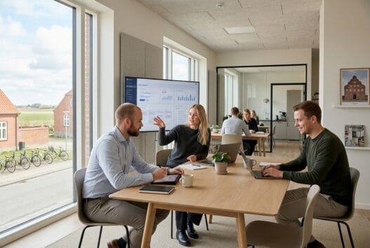 Moderne webbureau i ramsing med dansk team foran dashboards og kode på skærme
