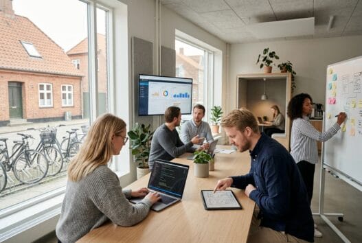 Moderne webbureau i ramten med dansk team, der arbejder med digitale løsninger ved computere