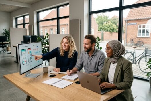To skandinaviske kolleger arbejder med webdesign og SEO på et moderne kontor i randbøldal
