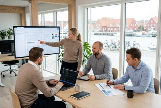 Skandinavisk team arbejder med webdesign og digitale dashboards i rantzausminde