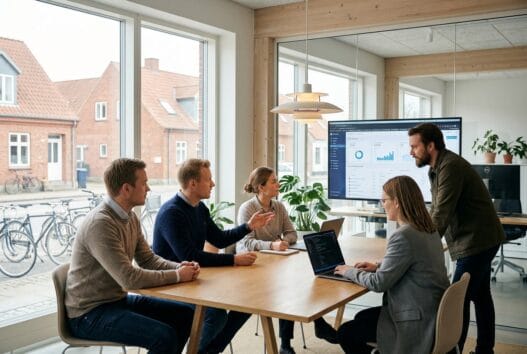 Skandinavisk webbureau-team arbejder ved computerskærme i rask mølle med fokus på digital udvikling