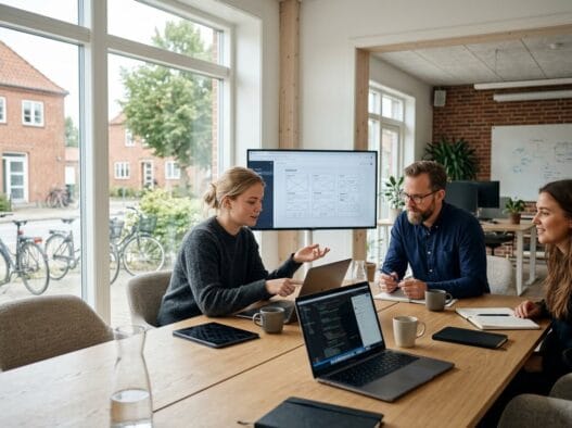 Moderne webbureau i Ravnkilde med danske kolleger foran computerskærme i et lyst kontor