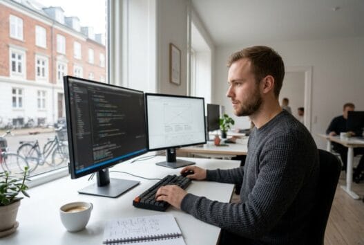 Et moderne webbureau i Ravnshøj med dansk team foran skærme og digitale løsninger