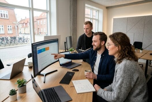 Dansk webbureau i Ravnstrup med team foran skærme og digitale dashboards i et lyst kontormiljø