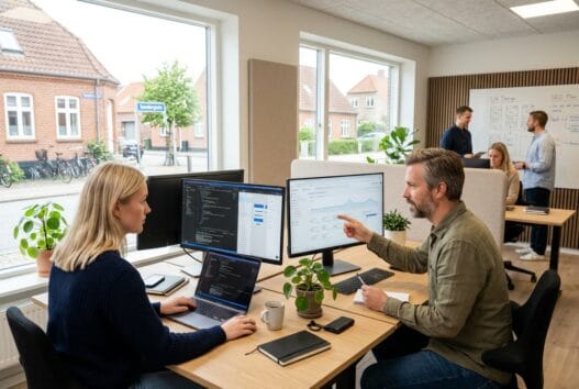 Moderne webbureau i Ravsted med dansk team foran skærme og digitale dashboards