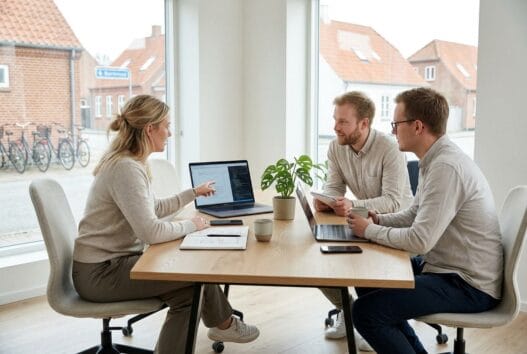 Skandinavisk team arbejder med webdesign og data på et moderne kontor i redsted