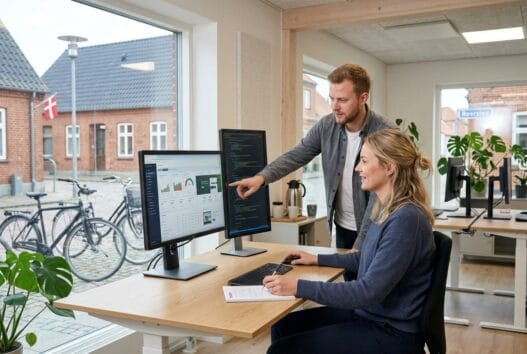 Skandinavisk webbureau i Reerslev med team ved computer og digitale dashboards