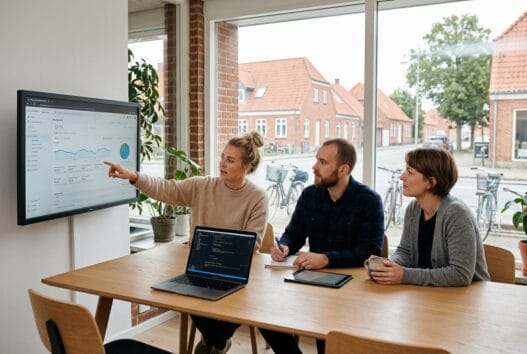 Moderne webbureau i Reersø med dansk team, der arbejder ved computere i et lyst kontor