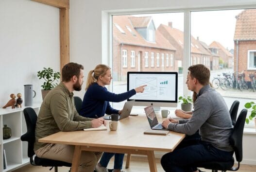 Moderne kontormiljø med dansk team, der arbejder med webdesign og digitale dashboards i refsvindinge