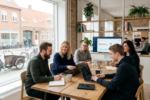 Moderne webbureau i regstrup med team ved computer og digitale dashboards