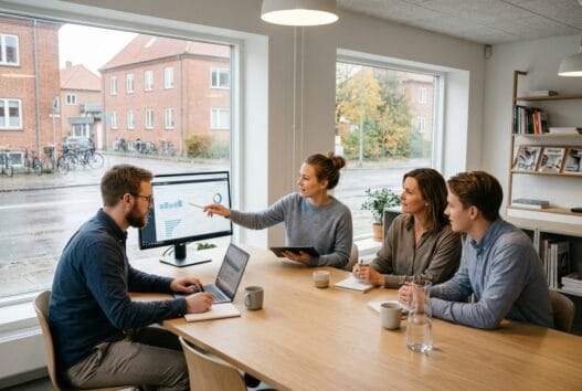 Moderne webbureau i rejsby med dansk team foran skærme og digitale dashboards