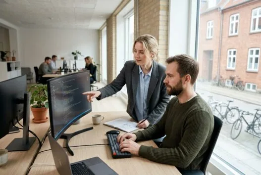 Realistisk kontorscene med dansk webbureau i rens, hvor et team arbejder med digitale løsninger