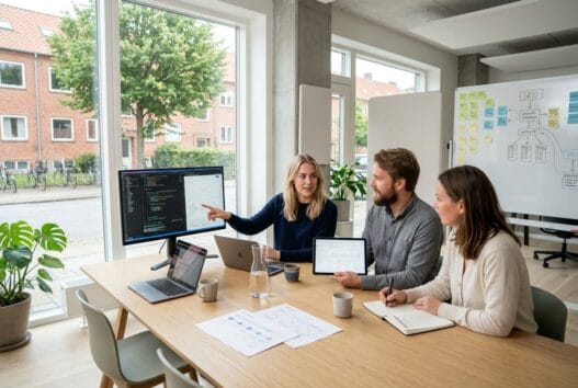 Skandinavisk webbureau i Resenbro med team ved computer og digitale dashboards