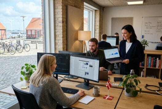 Dansk webbureau-team arbejder med digitale løsninger i resenstad med skærme og naturligt lys