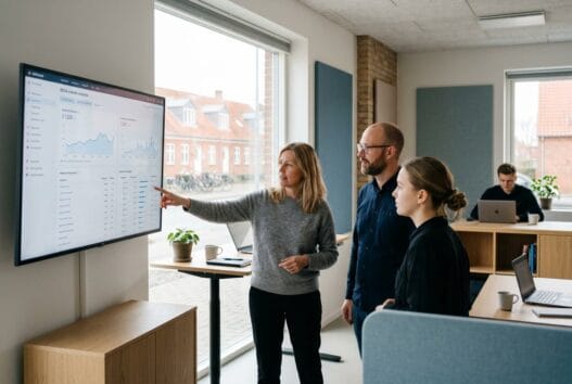 Moderne webbureau i revninge med danske medarbejdere, der arbejder ved computere i et lyst kontor