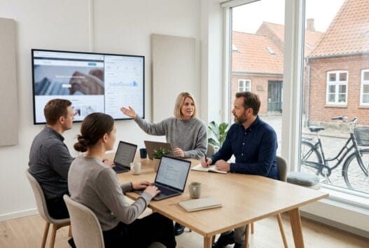 Moderne webbureau i Ribe med dansk team foran skærme og digitale dashboards