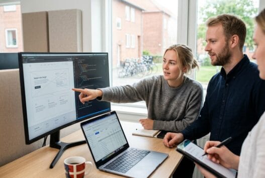 Dansk team arbejder med webdesign og SEO på kontor i Rindsholm