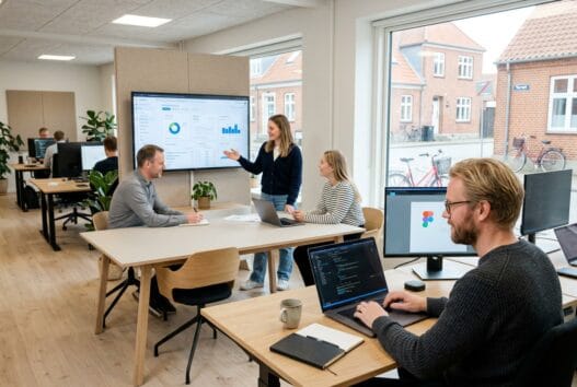Dansk webbureau i Ringe med team, der arbejder med digitale løsninger ved computerskærme