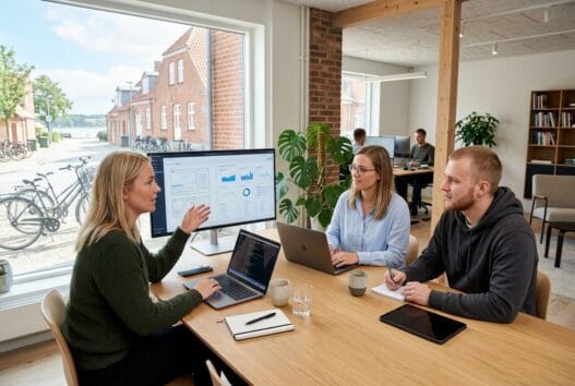 Moderne webbureau i Ringkøbing med dansk team ved computer og digitale dashboards