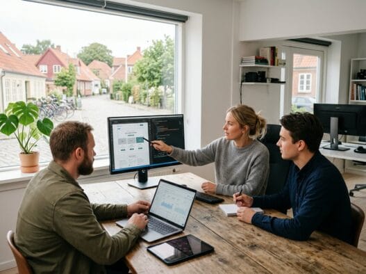 Dansk webbureau i rinkenæs med team ved computer og digitale dashboards