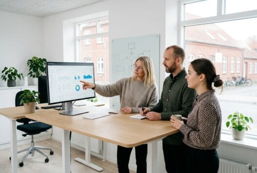 Moderne webbureau i roager med dansk team ved computer og dashboards i lyst kontormiljø