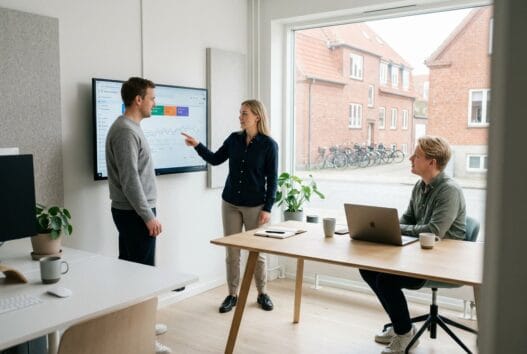 Dansk webbureau i rødding (6630) med team ved computere og digitale dashboards