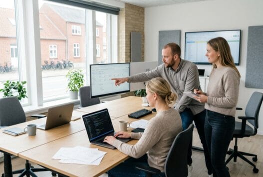 Webbureau team arbejder ved computere i moderne kontor i Rødding (7860)