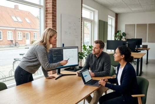 Realistisk kontormiljø med skandinavisk team, der arbejder med digital markedsføring i Rødding (8830)
